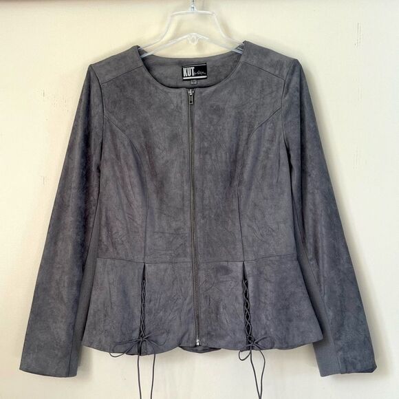 Kut from the Kloth Charcoal Faux Suede Peplum Full Zip Career Cadual Blazer SZ S - Picture 1 of 13